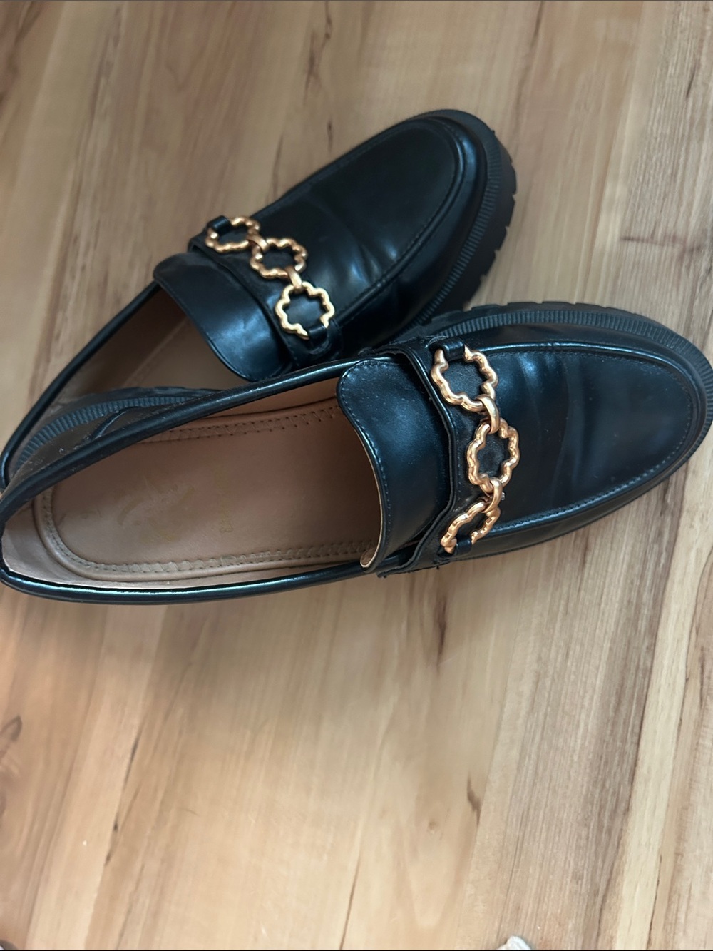 Womens Black Leather Loafers with Gold Chain Detail
